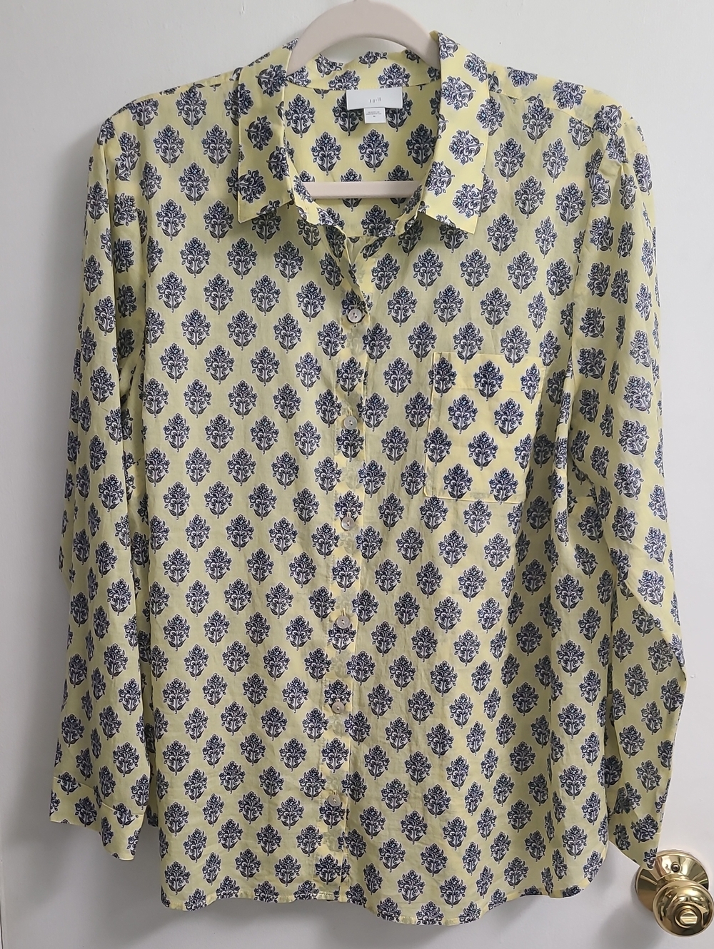 J Jill Women's Sylish Casual  Modern Cotton Yellow Topaz Medallion Floral Sz  M